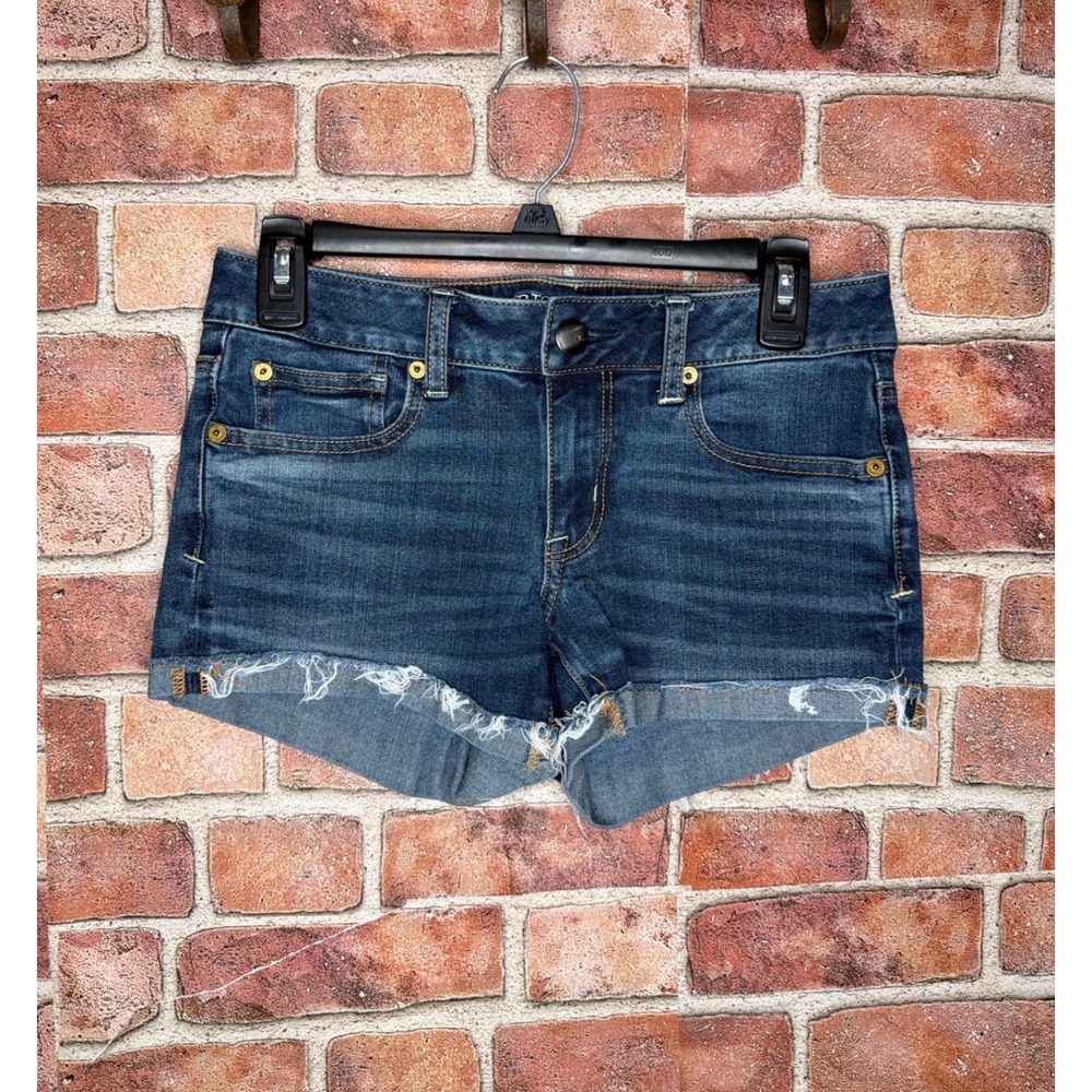 American Eagle Outfitters Shortie Denim Shorts Dark Wash Frayed Raw Hem Size 4